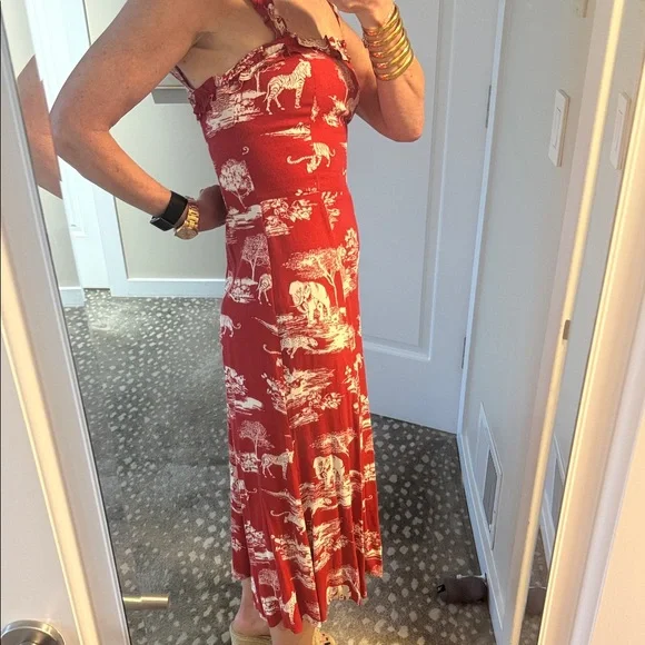 Reformation Red Toile Midi Dress with Safari Cream Print Sz 4 - Picture 8 of 13